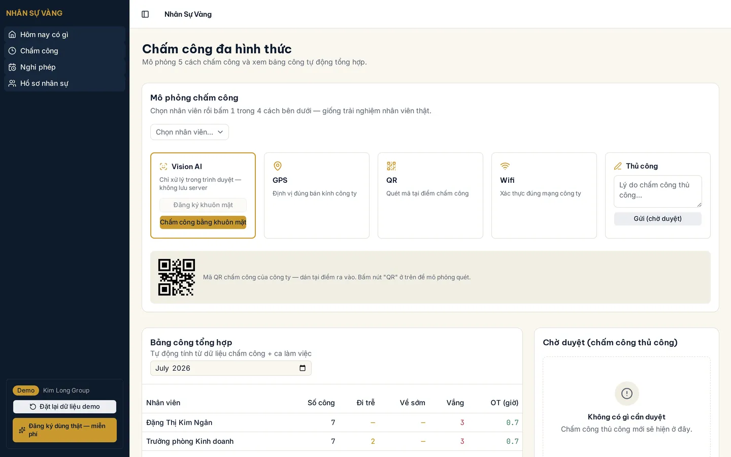 Ảnh chụp màn hình chấm công đa hình thức (Vision AI/GPS/QR/Wifi) và bảng công tự động trong demo Nhân Sự Vàng